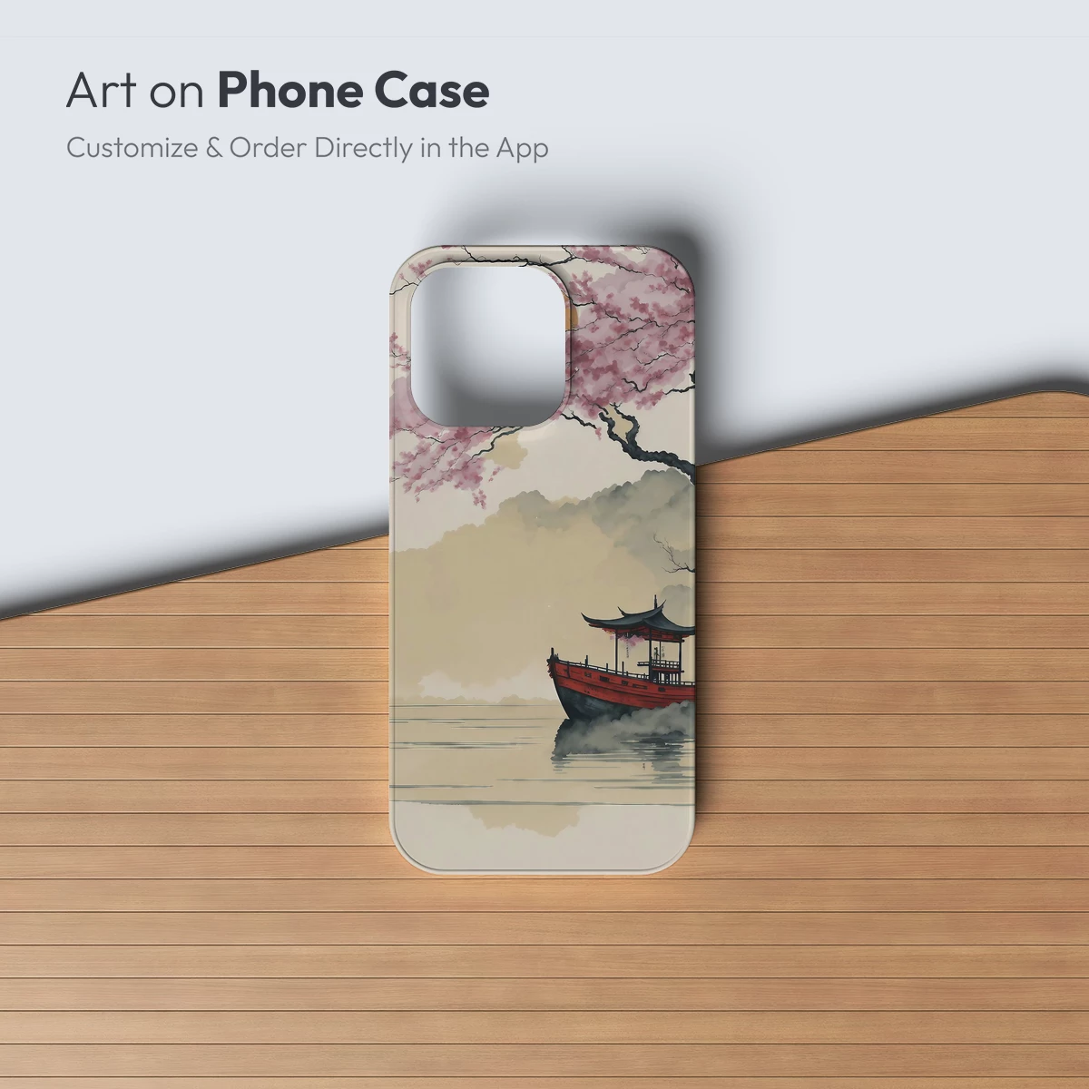 Cherry Blossom Serenity: Traditional Boat at Sunset - Image 3