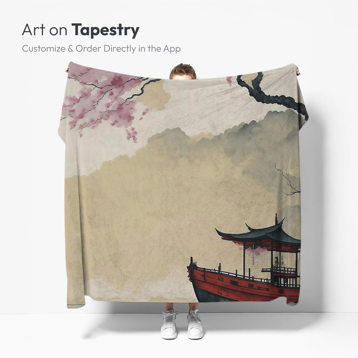 Cherry Blossom Serenity: Traditional Boat at Sunset - Image 5