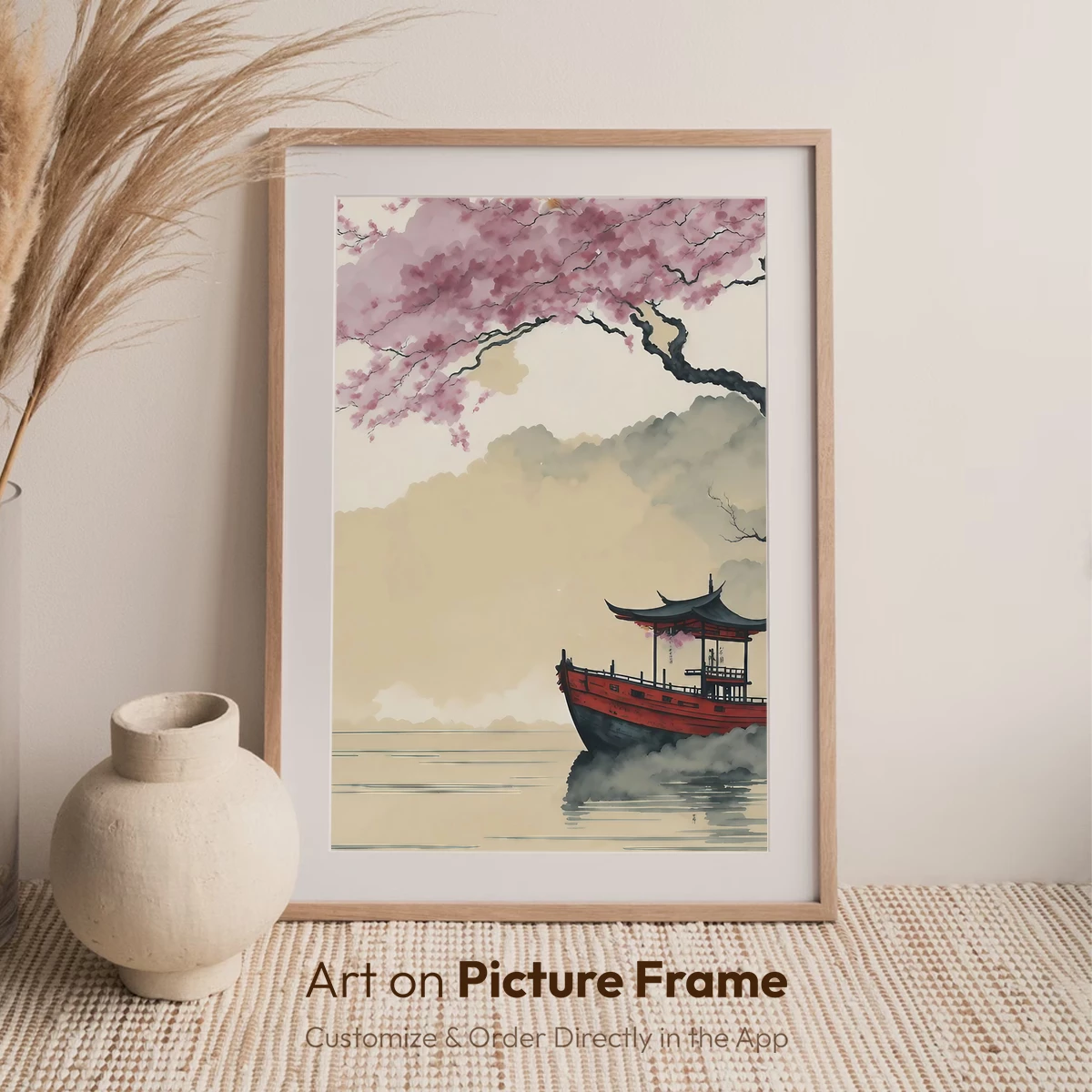Cherry Blossom Serenity: Traditional Boat at Sunset - Image 7