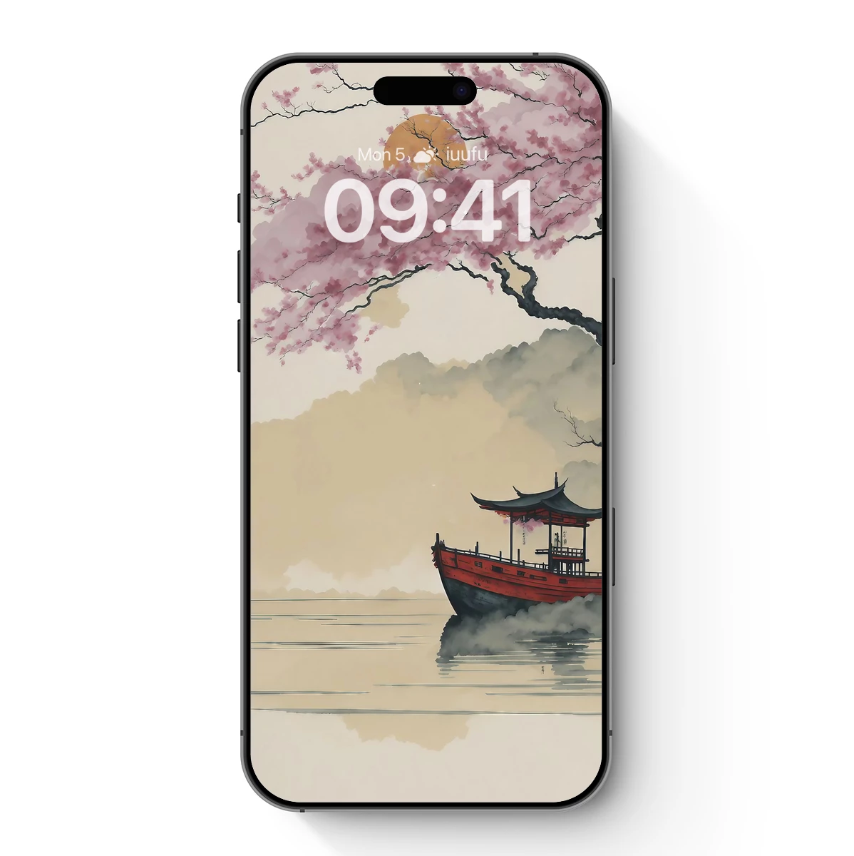 Cherry Blossom Serenity: Traditional Boat at Sunset
