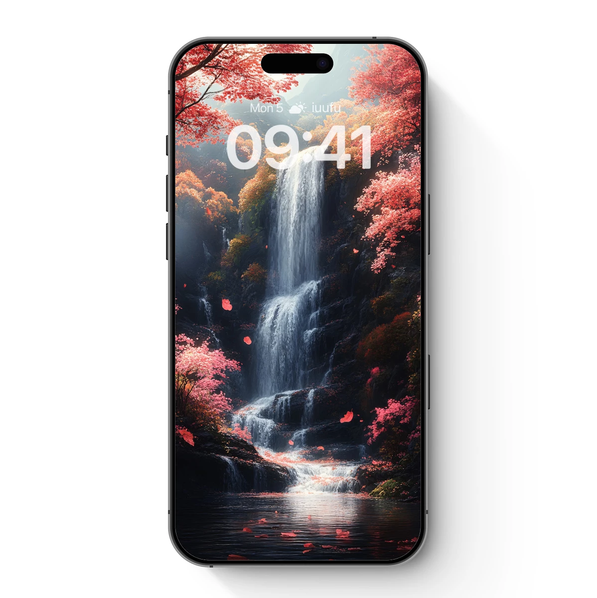 Autumnal Cascade: A Symphony of Scarlet Leaves and Waterfall