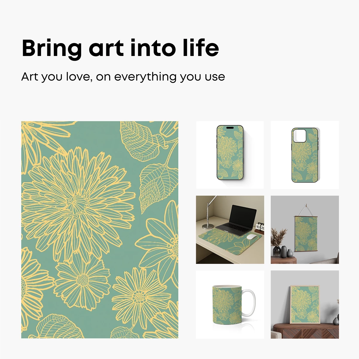 Golden Floral Sketch on Teal Canvas - Image 2