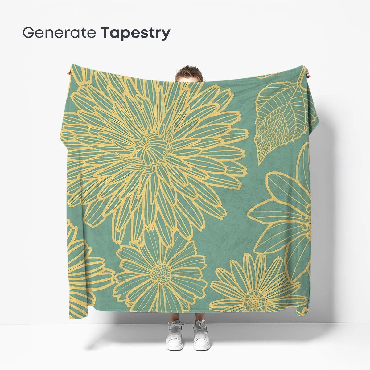 Golden Floral Sketch on Teal Canvas - Image 5