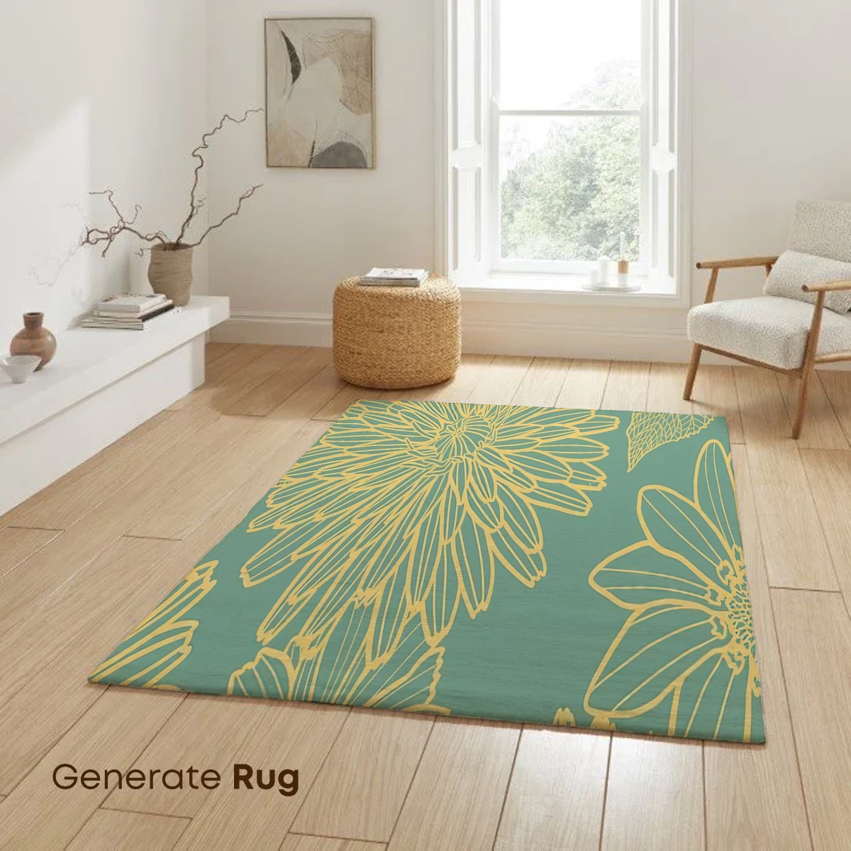 Golden Floral Sketch on Teal Canvas - Image 6