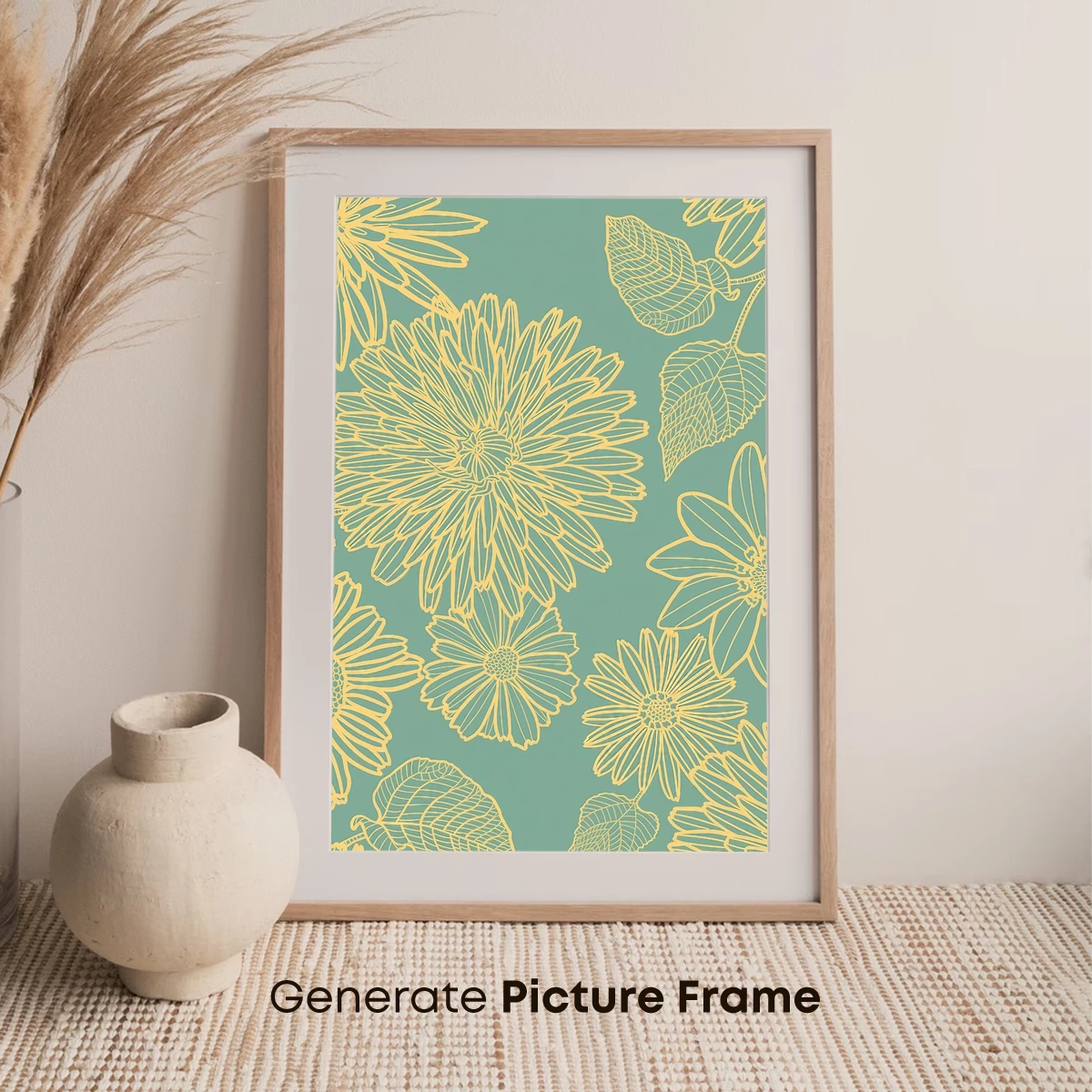 Golden Floral Sketch on Teal Canvas - Image 7
