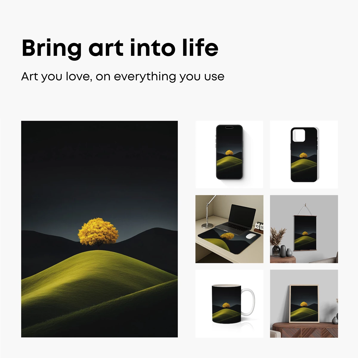 Golden Solitude: Lone Tree on Verdant Hill - Image 2