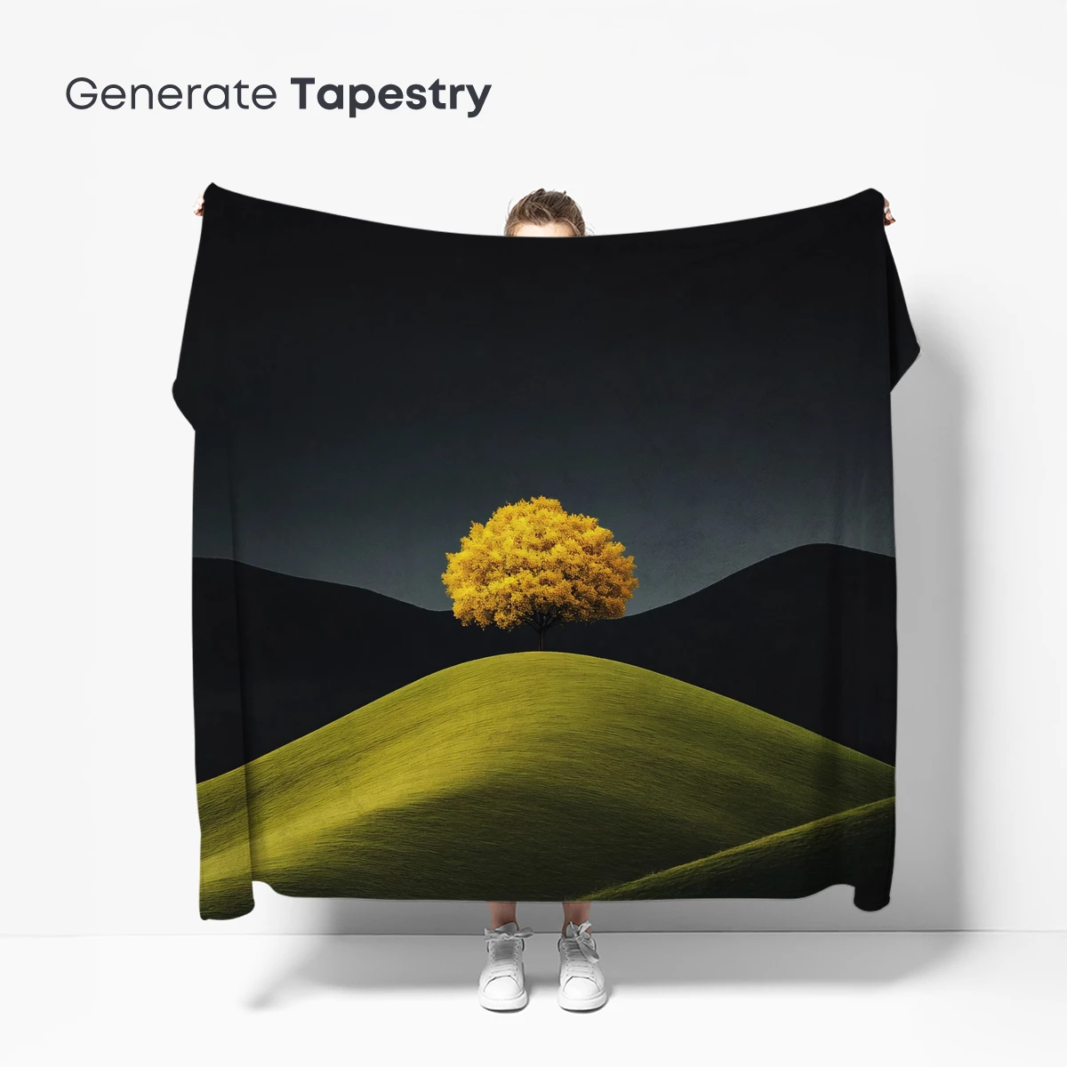 Golden Solitude: Lone Tree on Verdant Hill - Image 5