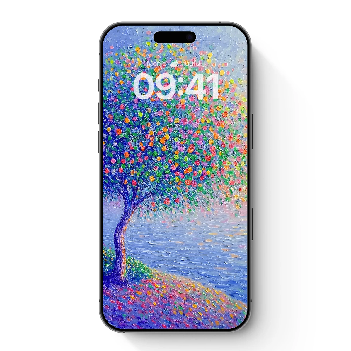 Rainbow Tree by the Lake: Impressionist Splendor