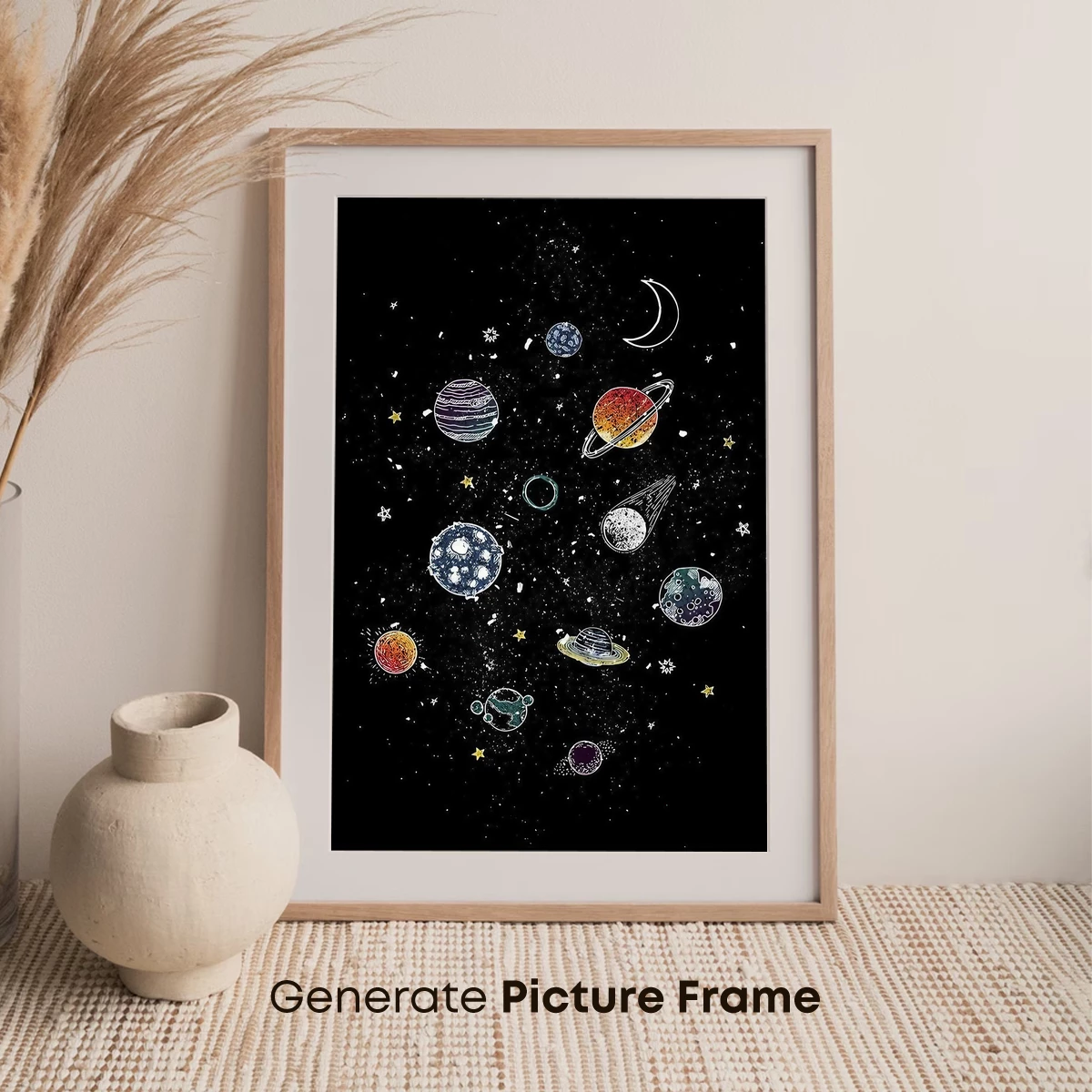 Cosmic Symphony: Hand-Drawn Planets in Night Sky - Image 7