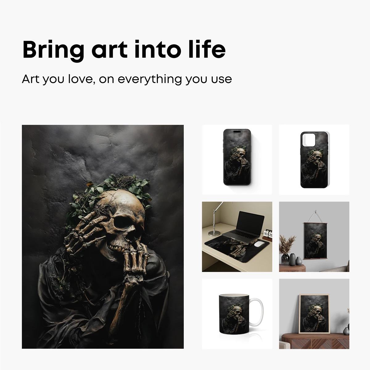 Eternal Embrace: Skeletal Hands Cradling a Skull Amidst Verdant Vines - Image 2