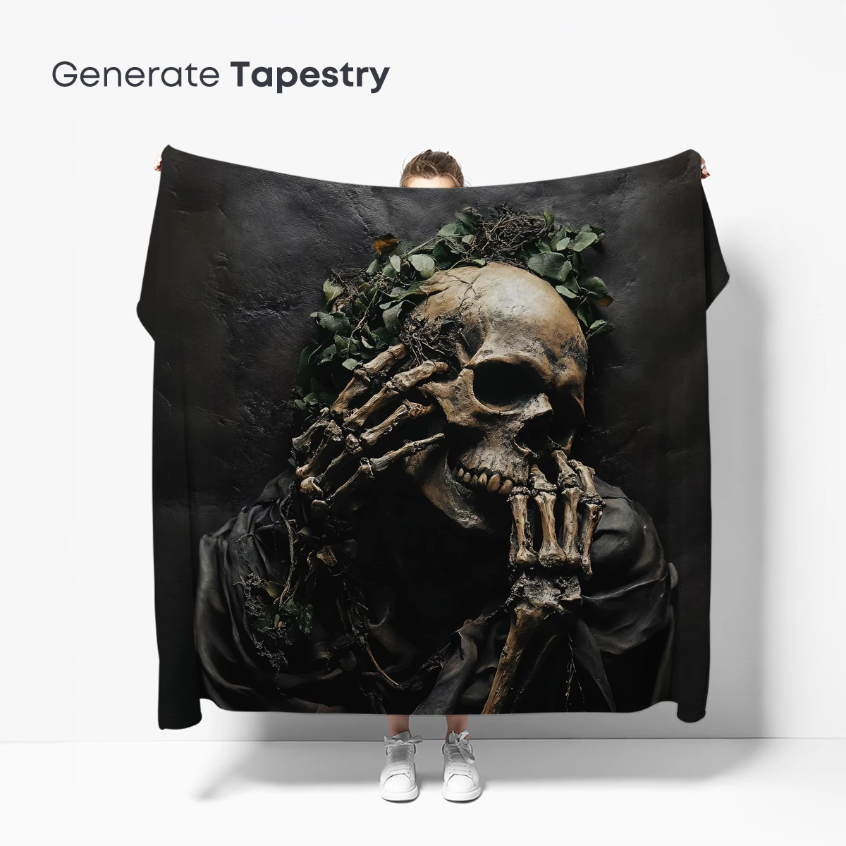 Eternal Embrace: Skeletal Hands Cradling a Skull Amidst Verdant Vines - Image 5