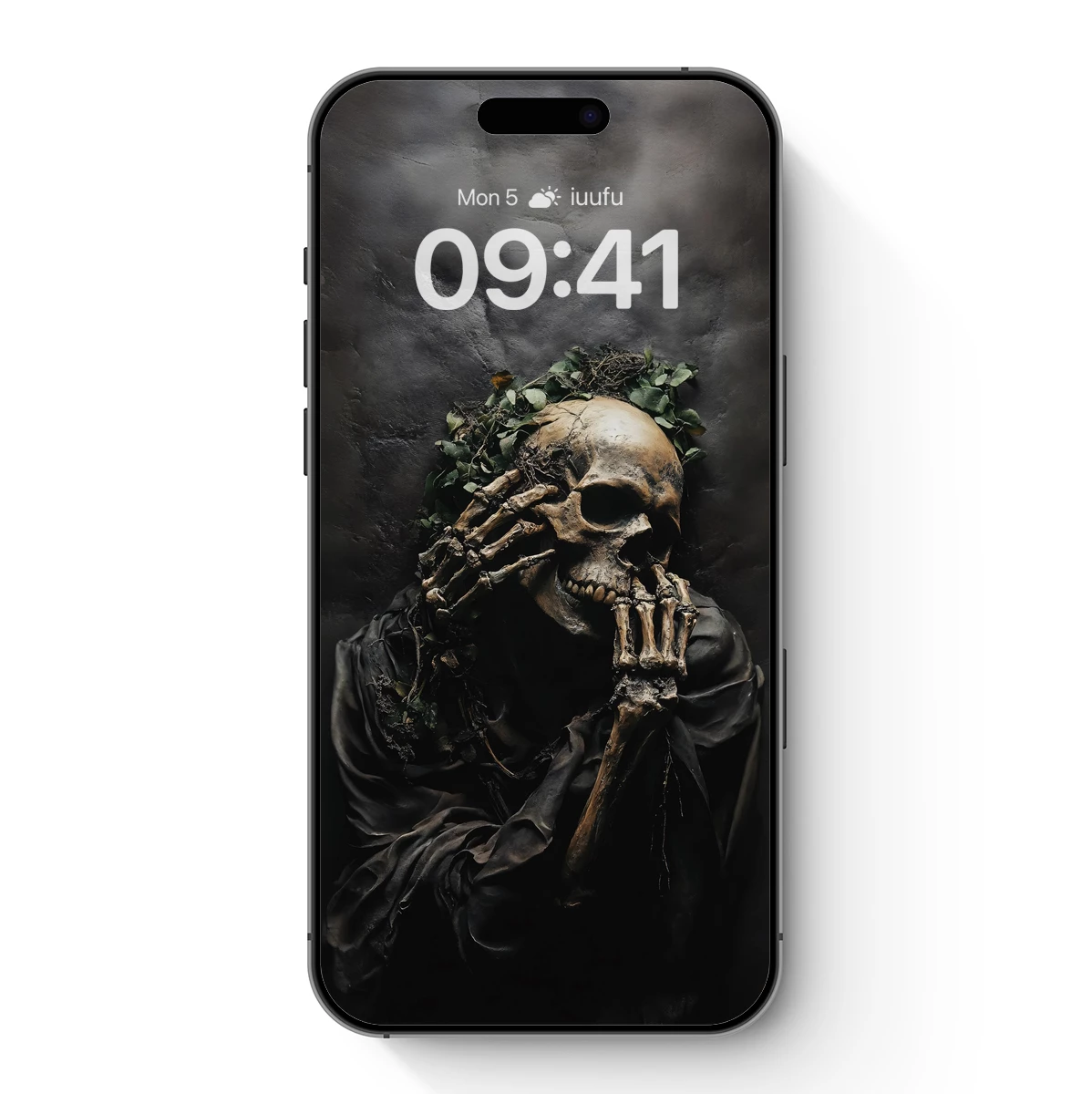 Eternal Embrace: Skeletal Hands Cradling a Skull Amidst Verdant Vines