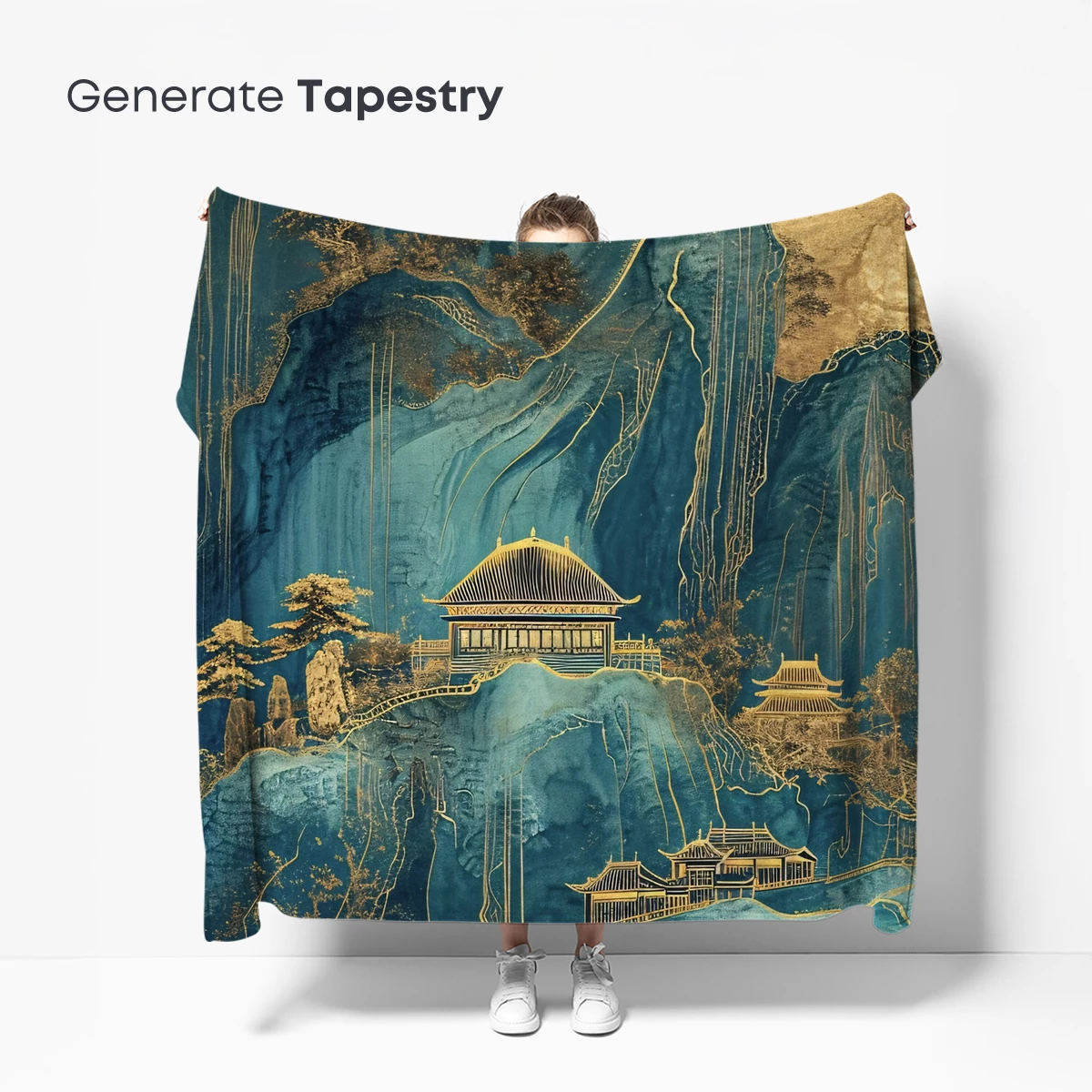 Ethereal Mountain Sanctuary: Golden Threads in Blue Mist - Image 5