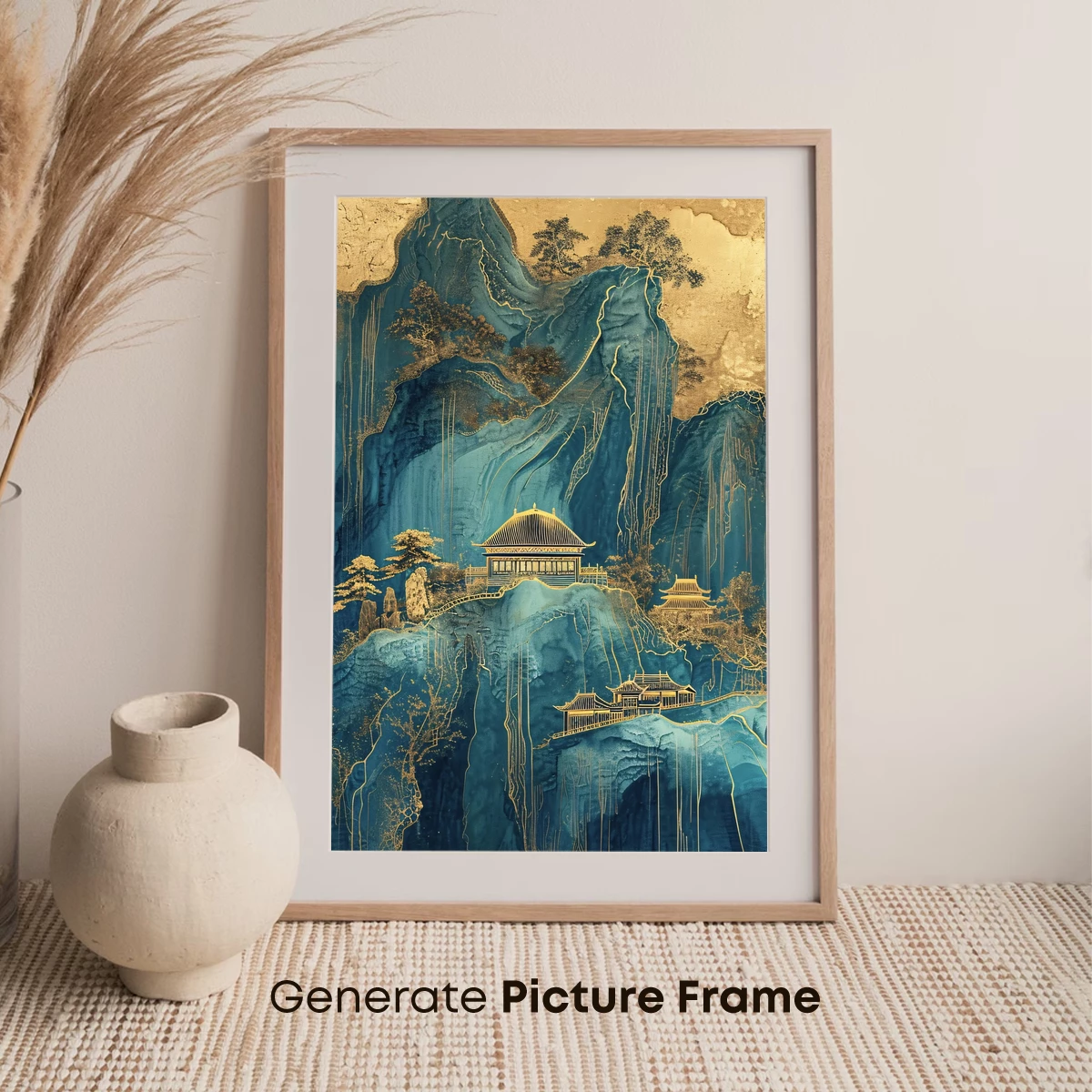 Ethereal Mountain Sanctuary: Golden Threads in Blue Mist - Image 7