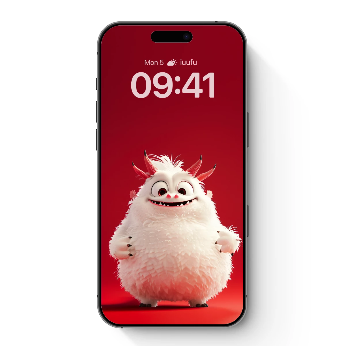 Fluffy Monster with Fiery Horns: Whimsical Red Backdrop