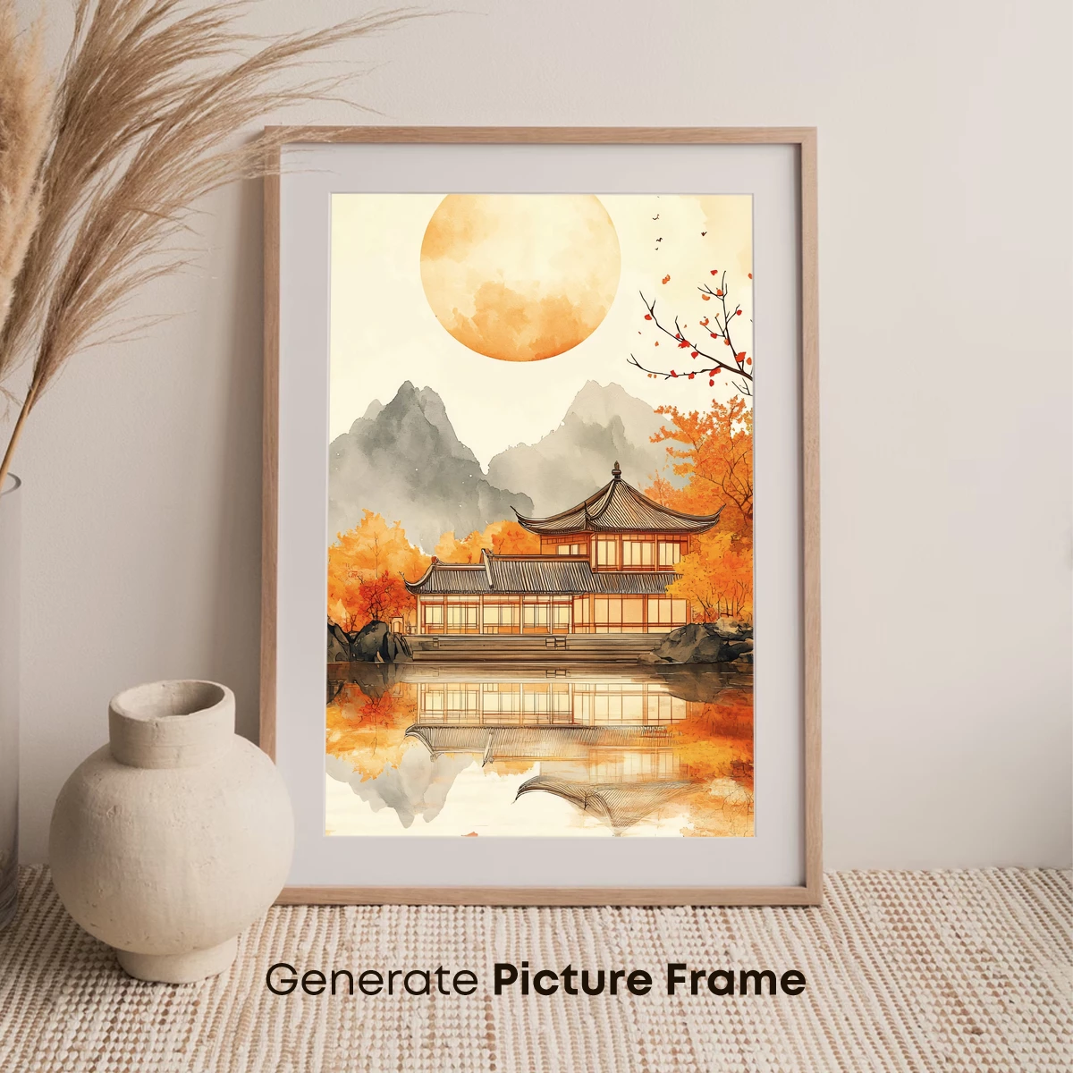 Autumnal Reflections: Traditional Pavilion Under a Harvest Moon - Image 7