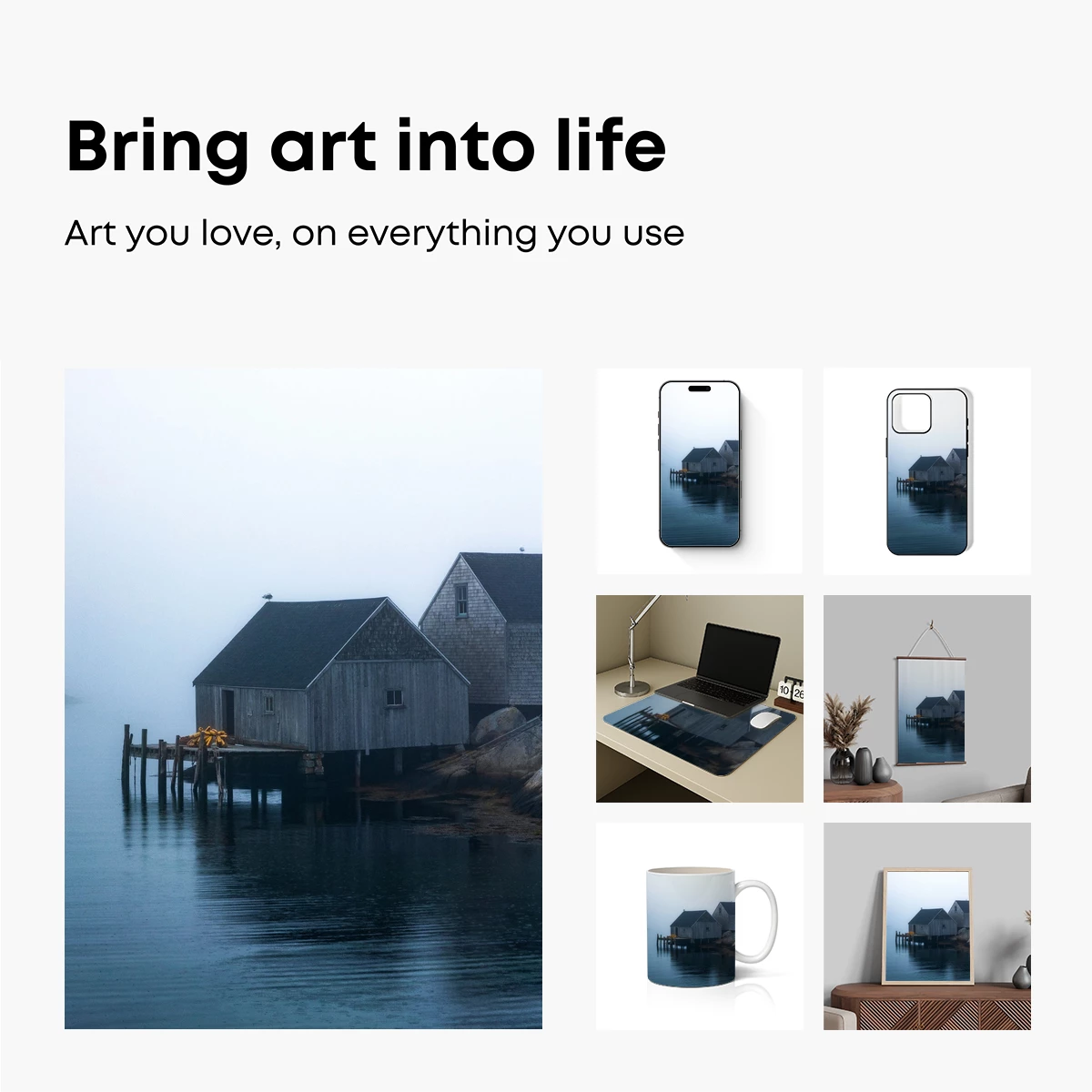 Foggy Harbor Hues: Serene Wooden Sheds - Image 2