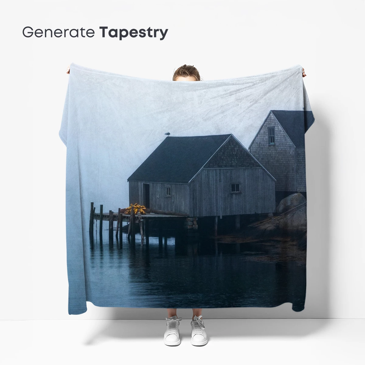 Foggy Harbor Hues: Serene Wooden Sheds - Image 5