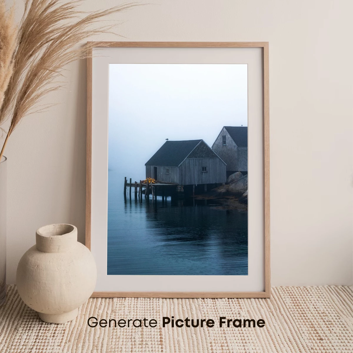Foggy Harbor Hues: Serene Wooden Sheds - Image 7