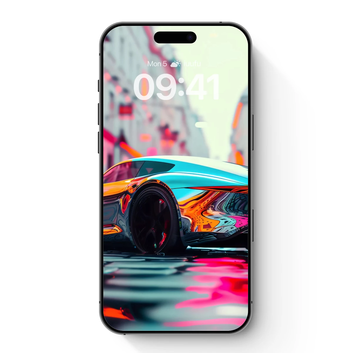 Futuristic Chrome Car in Neon Cityscape