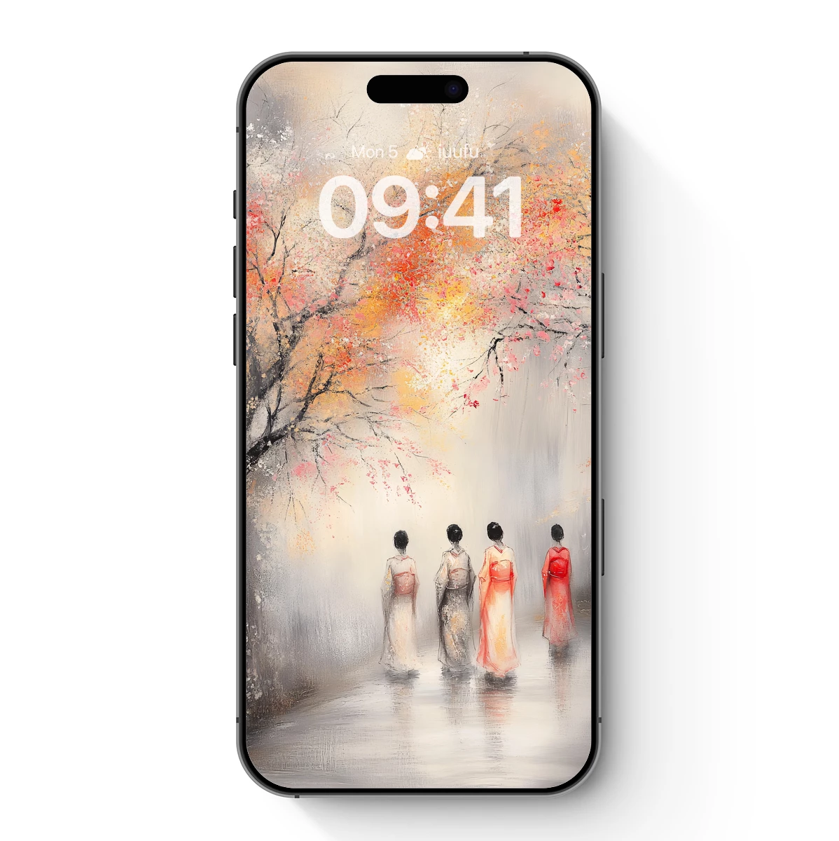 Autumnal Serenade: Four Figures Under a Blooming Tree