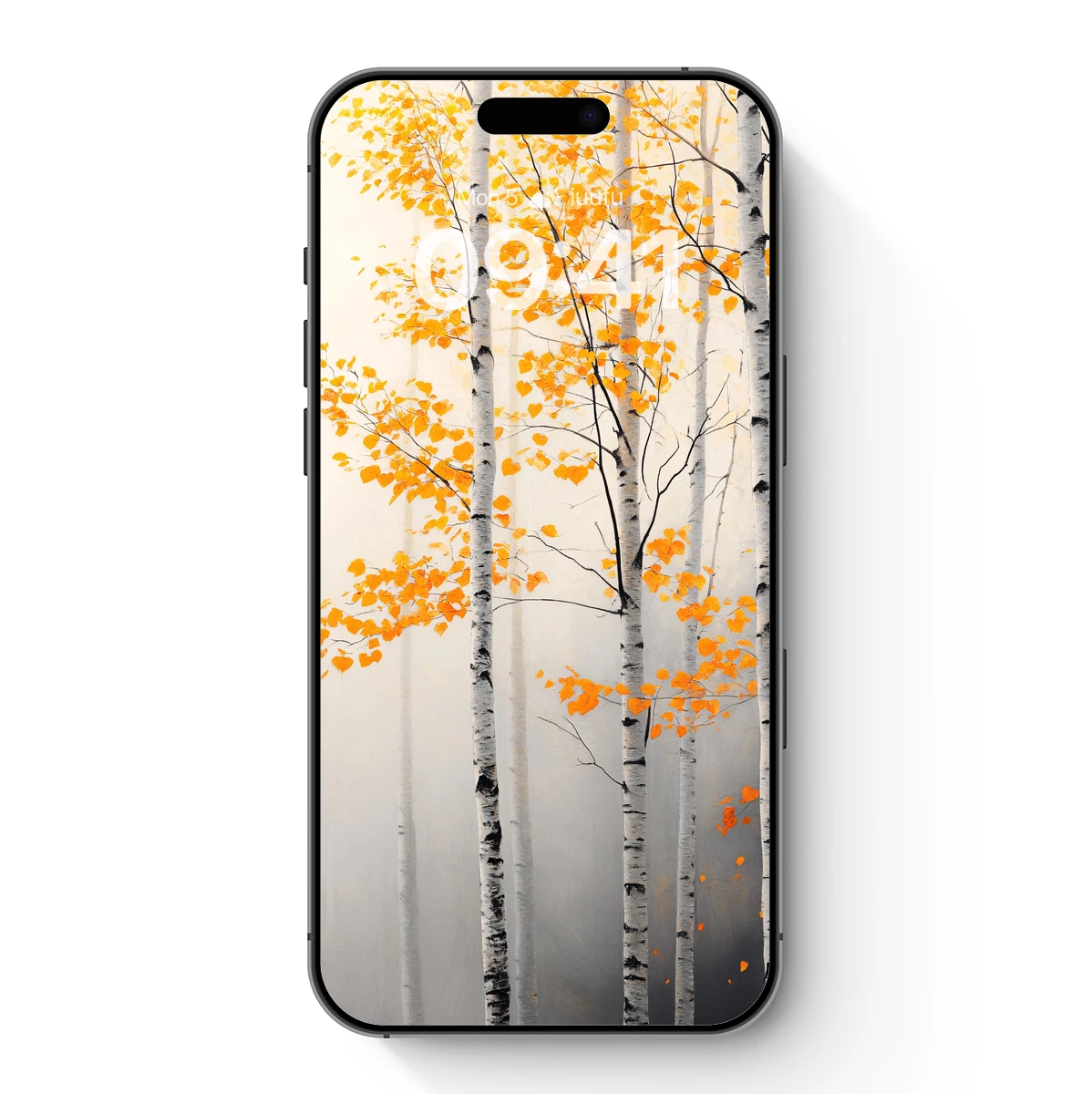 Autumn Birch Symphony: Golden Leaves on Misty Gray