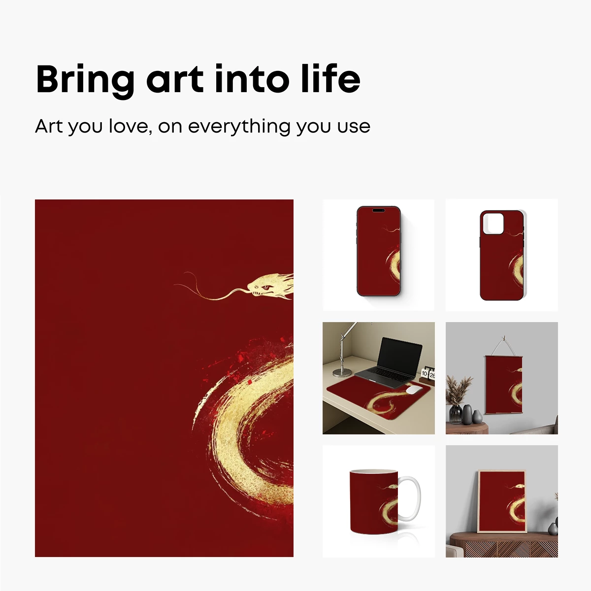 Golden Dragon's Elegance on Crimson Canvas - Image 2