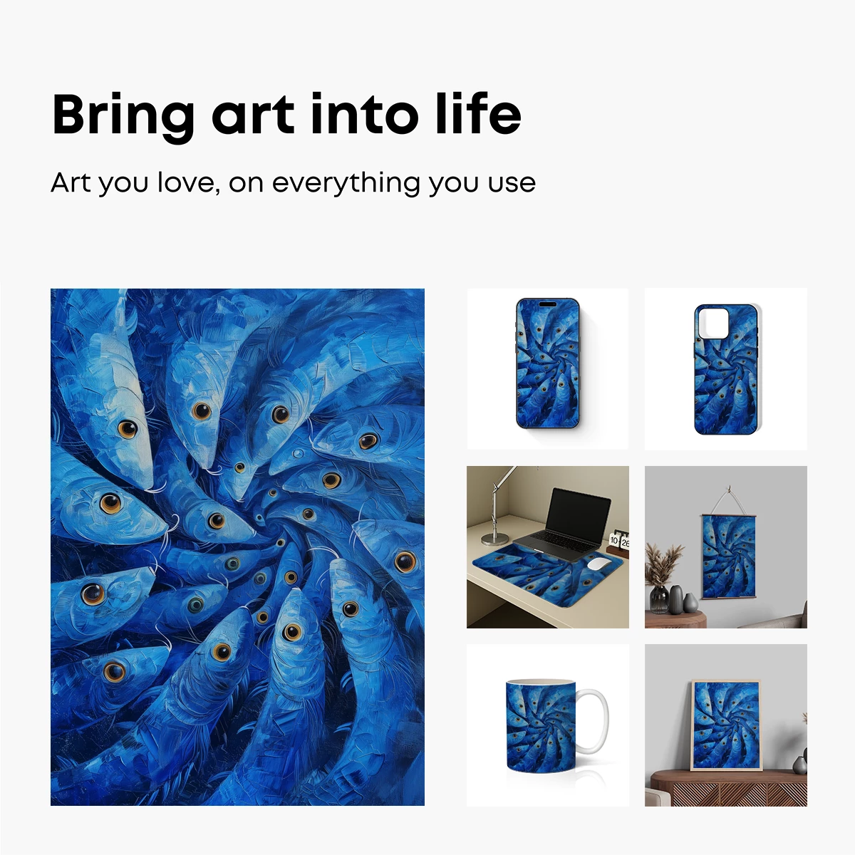 Blue Abyss: Swirling Fish in Oil Painting Style - Image 2