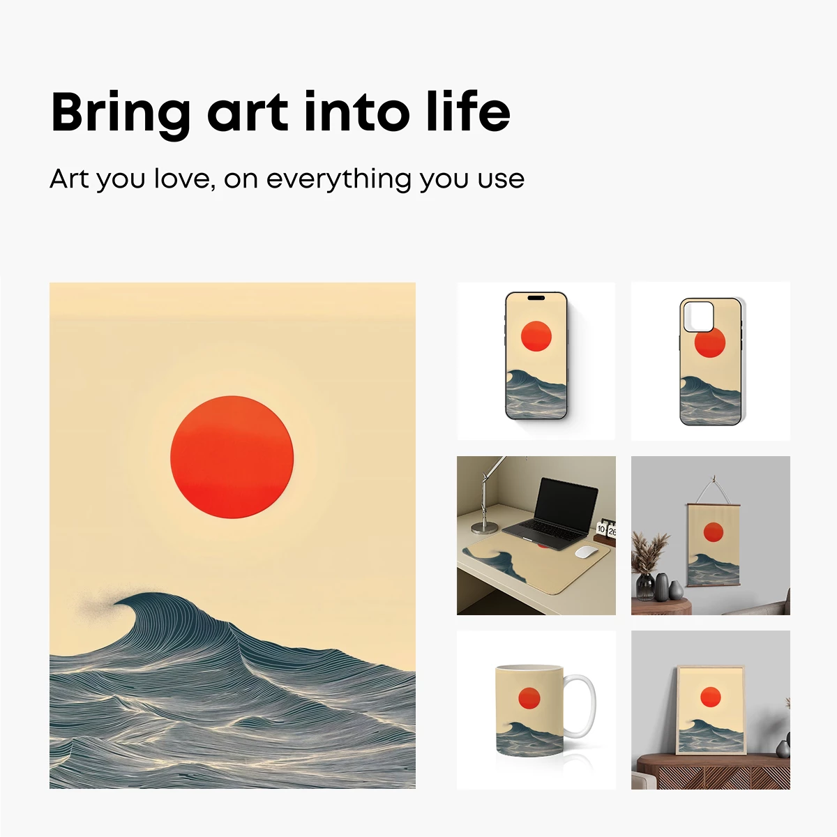 Crimson Sun Over Wavy Lines: Modern Hokusai Tribute - Image 2