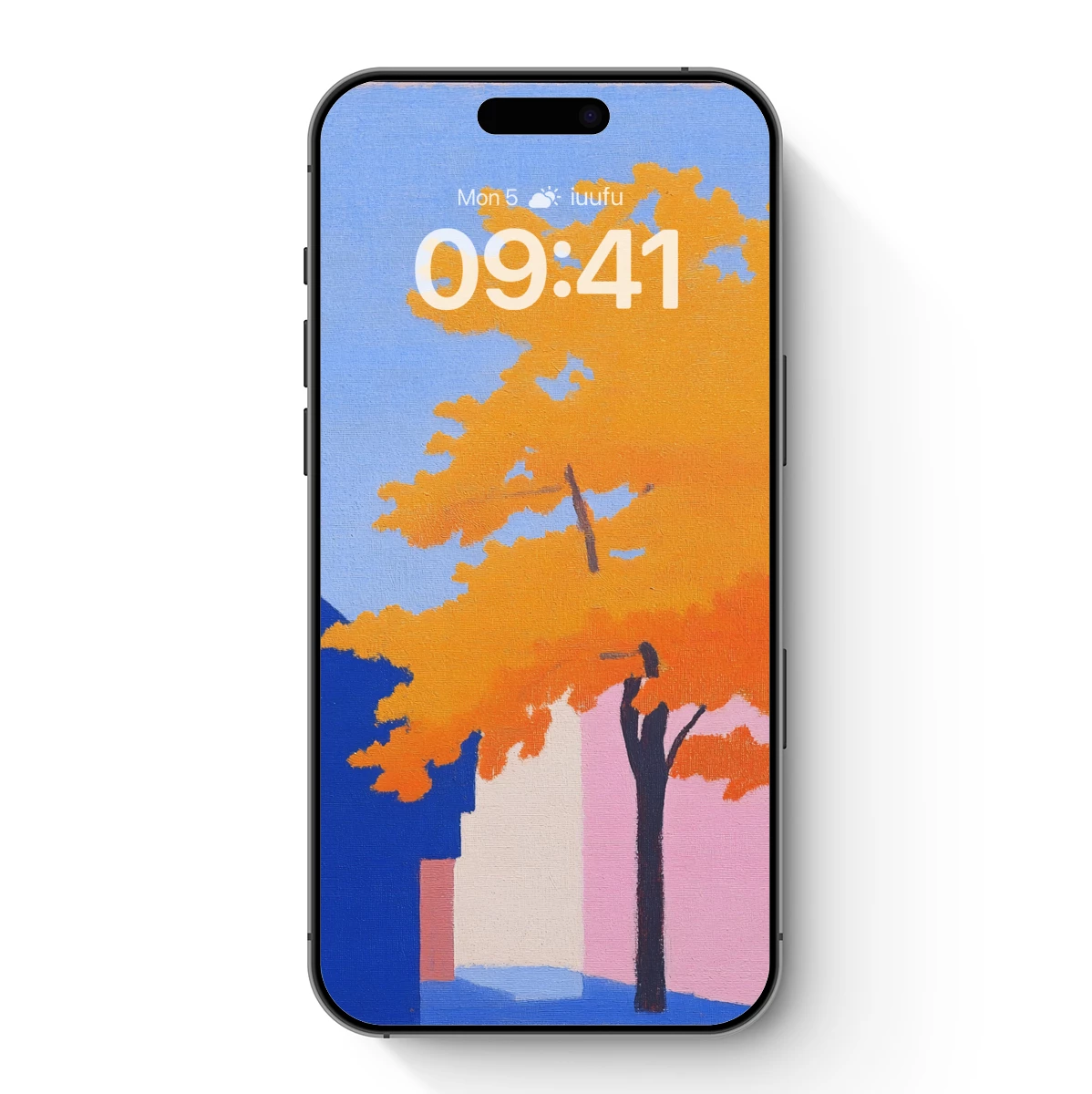 Autumn Blaze: Modernist Tree Against Pastel Facades