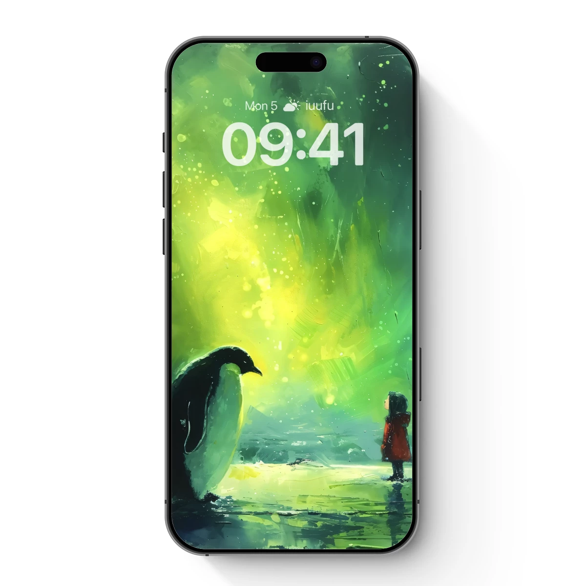 Aurora Encounter: Penguin and Child in Ethereal Light