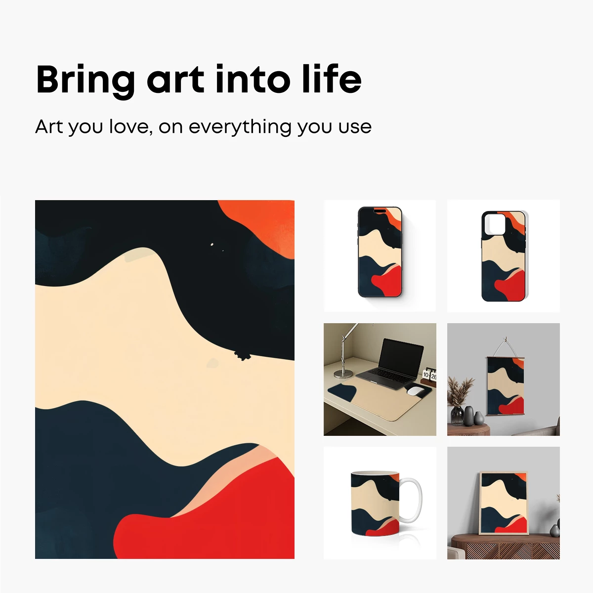 Abstract Waves in Black, Red, and Cream - Image 2