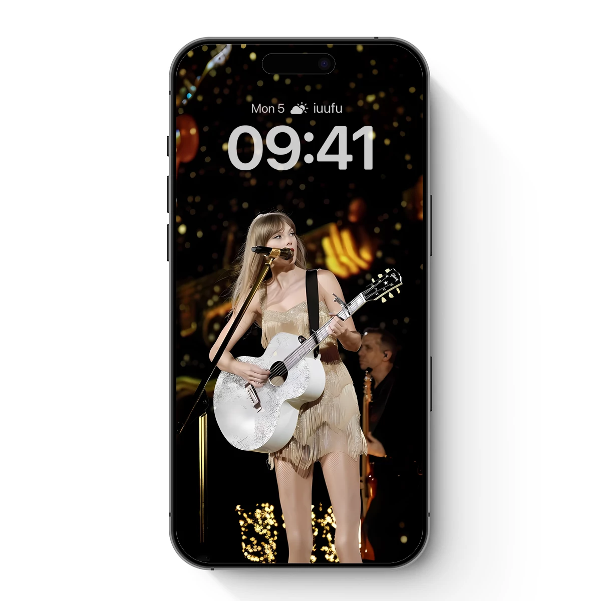 Glamorous Stage Serenade: Sparkling Guitar Performance