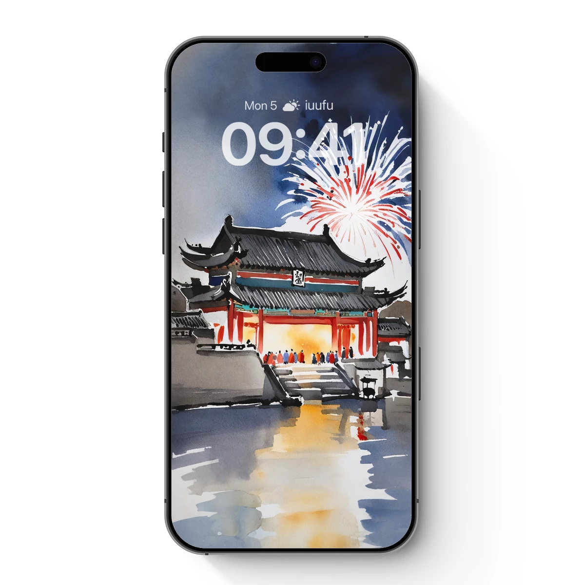 Ancient Temple Under Fireworks: Watercolor Elegance