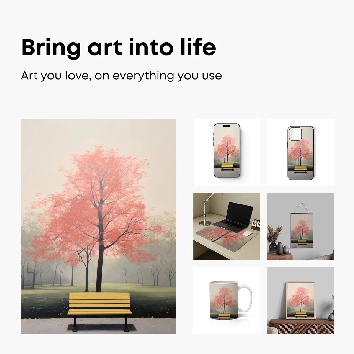 Autumn Solitude: Coral Tree and Yellow Bench - Image 2