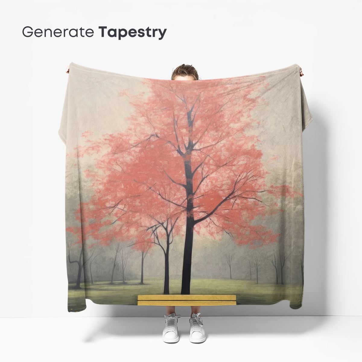 Autumn Solitude: Coral Tree and Yellow Bench - Image 5