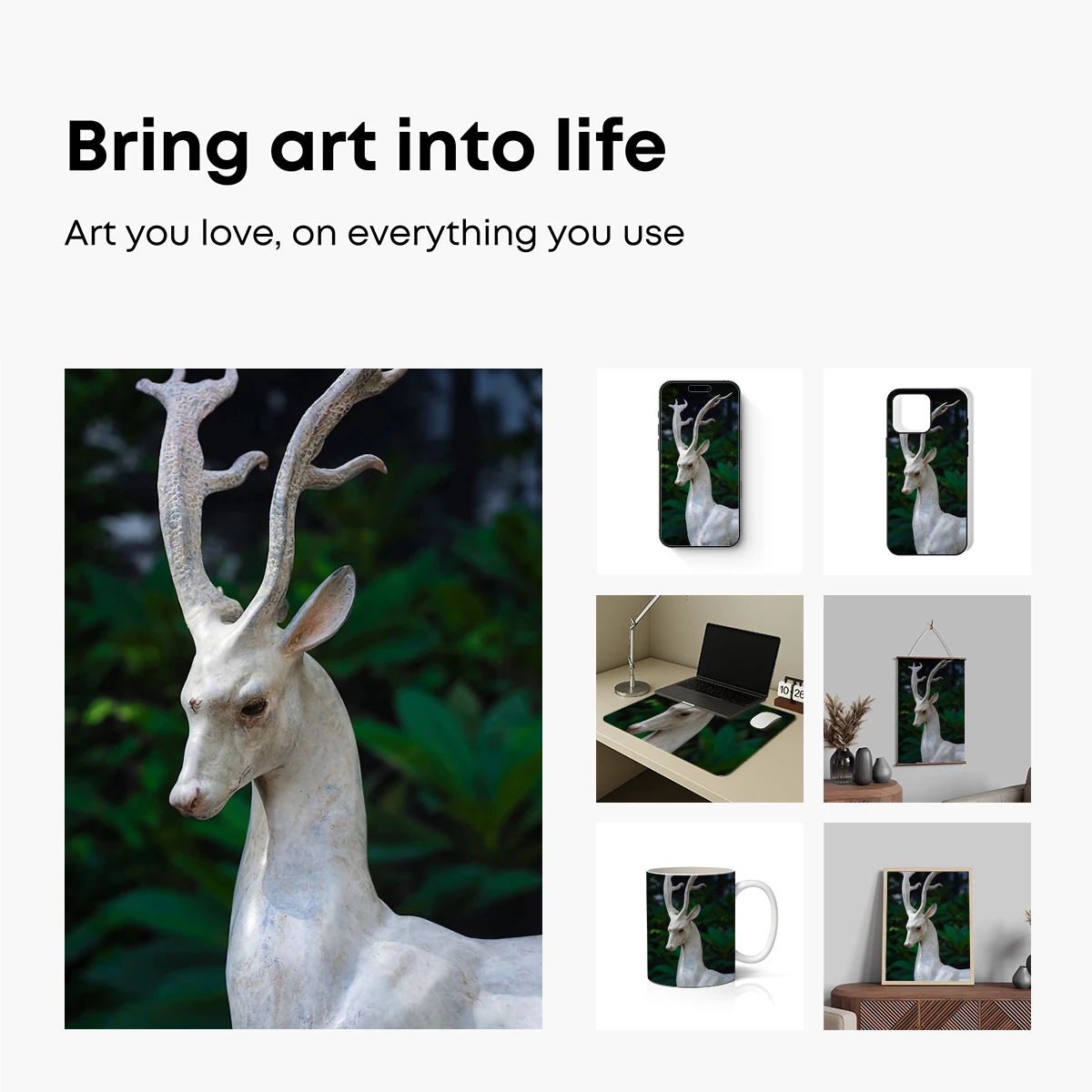 Elegant White Deer Sculpture in Verdant Garden - Image 2
