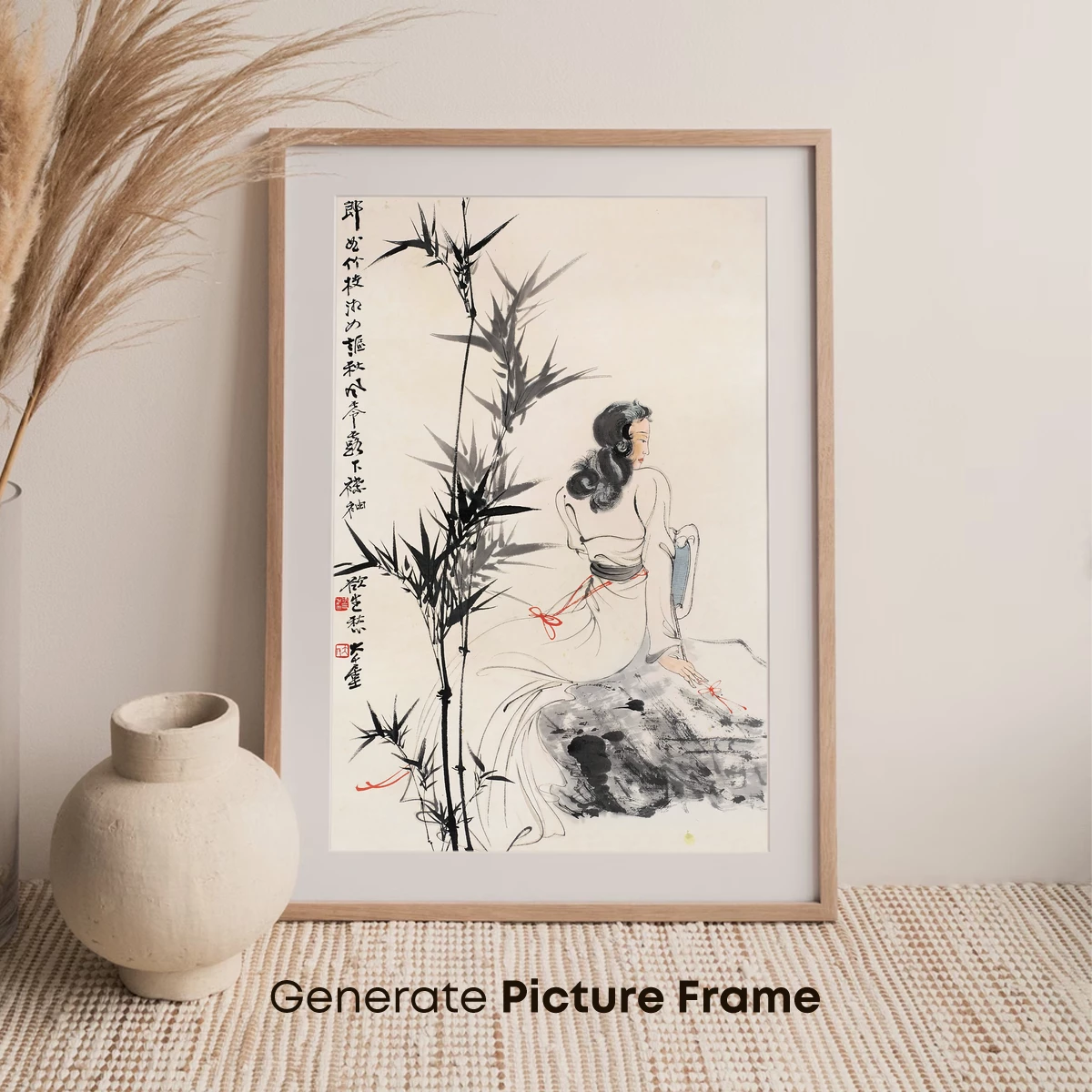 Elegant Bamboo Reverie: A Poetic Figure in Monochrome - Image 7