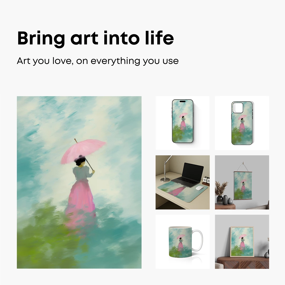 Ethereal Umbrella Dream: Pink Silhouette in Misty Greens - Image 2