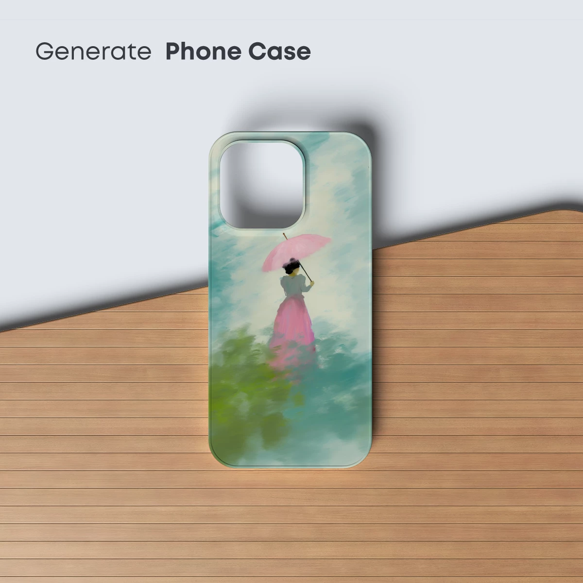 Ethereal Umbrella Dream: Pink Silhouette in Misty Greens - Image 3