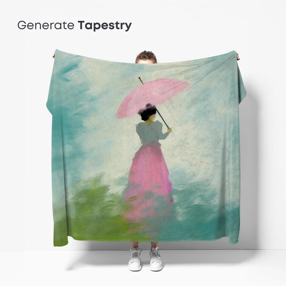 Ethereal Umbrella Dream: Pink Silhouette in Misty Greens - Image 5