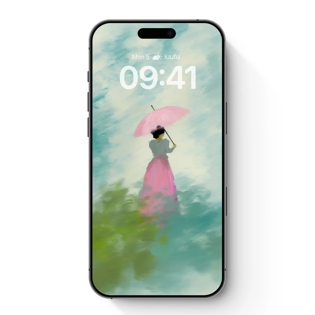 Ethereal Umbrella Dream: Pink Silhouette in Misty Greens