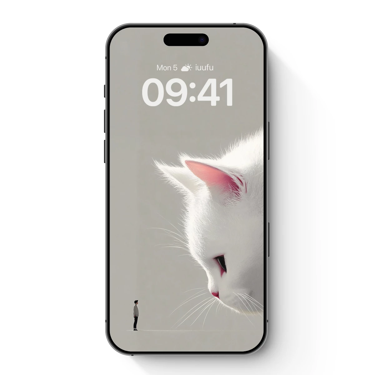 Giant White Cat and Tiny Man: Surreal Contrast