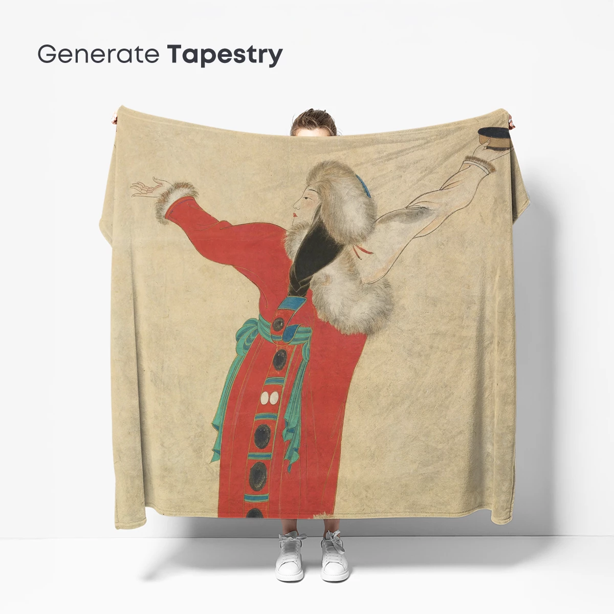 Elegant Dance of Tradition: Red Robe and Fur Trim - Image 5