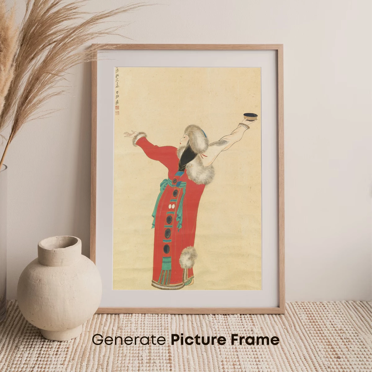 Elegant Dance of Tradition: Red Robe and Fur Trim - Image 7