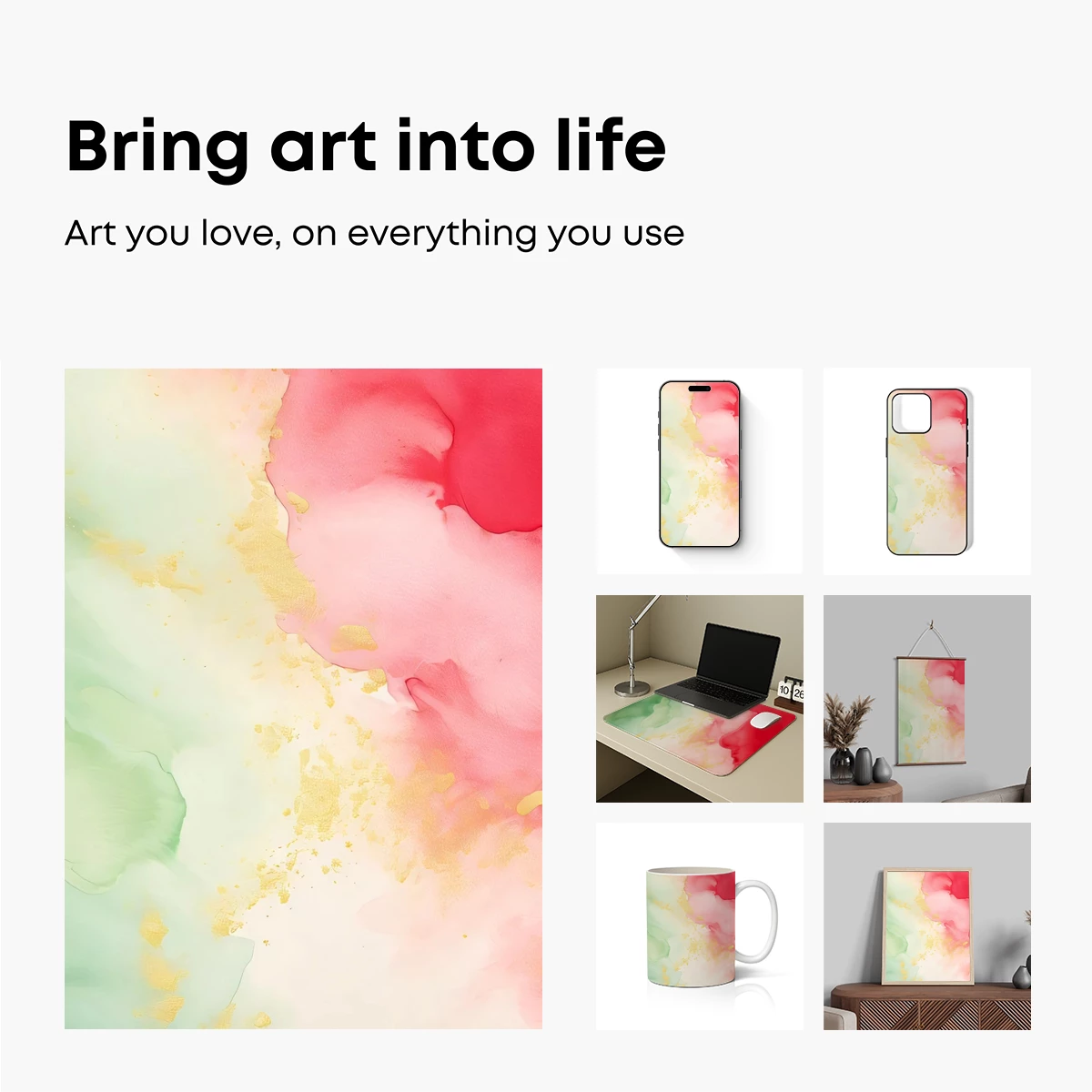 Abstract Watercolor Fusion: Green, Red, and Gold Harmony - Image 2