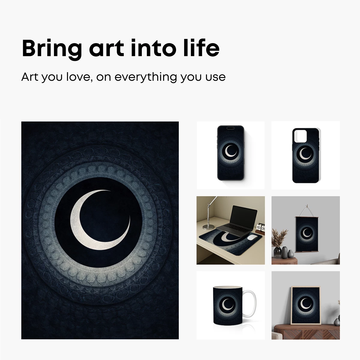 Eternal Crescent: Mystical Moon in Concentric Circles - Image 2