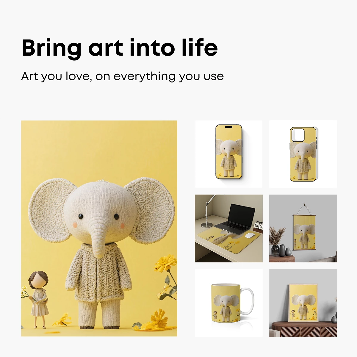 Knitted Elephant and Girl in a Yellow Floral Dream - Image 2