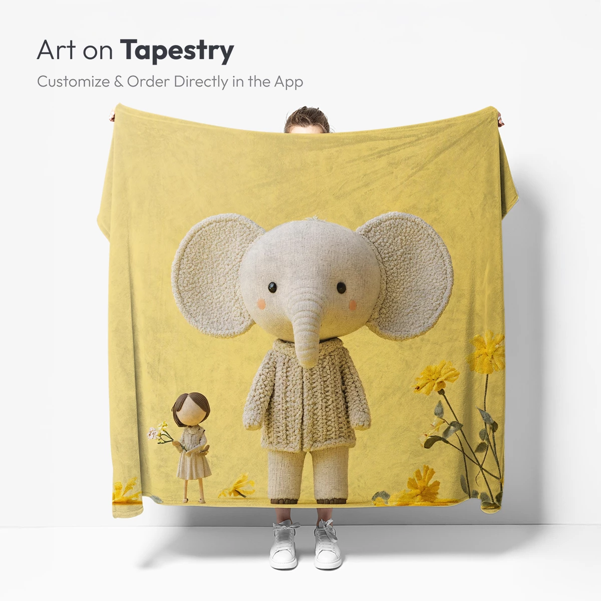 Knitted Elephant and Girl in a Yellow Floral Dream - Image 5