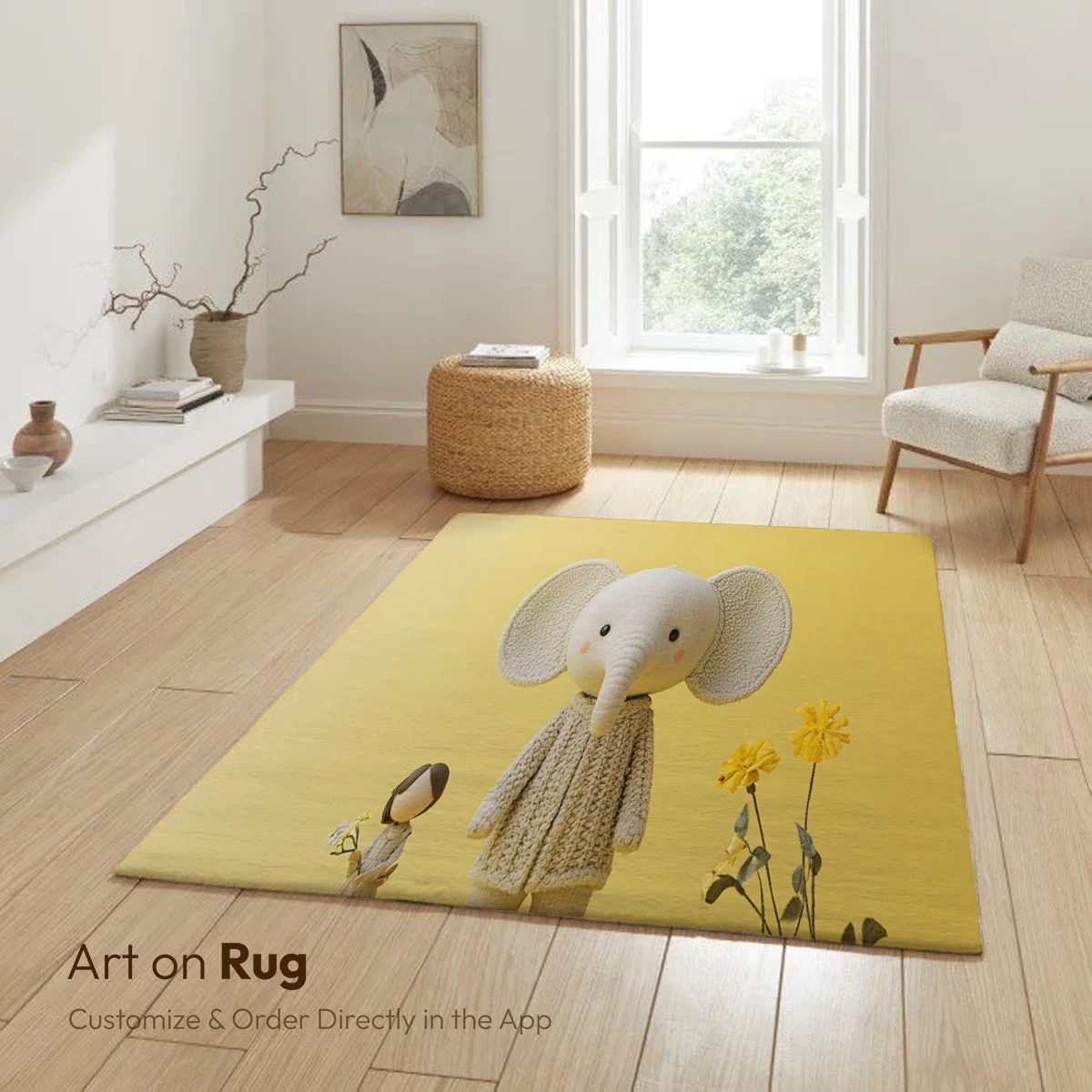 Knitted Elephant and Girl in a Yellow Floral Dream - Image 6